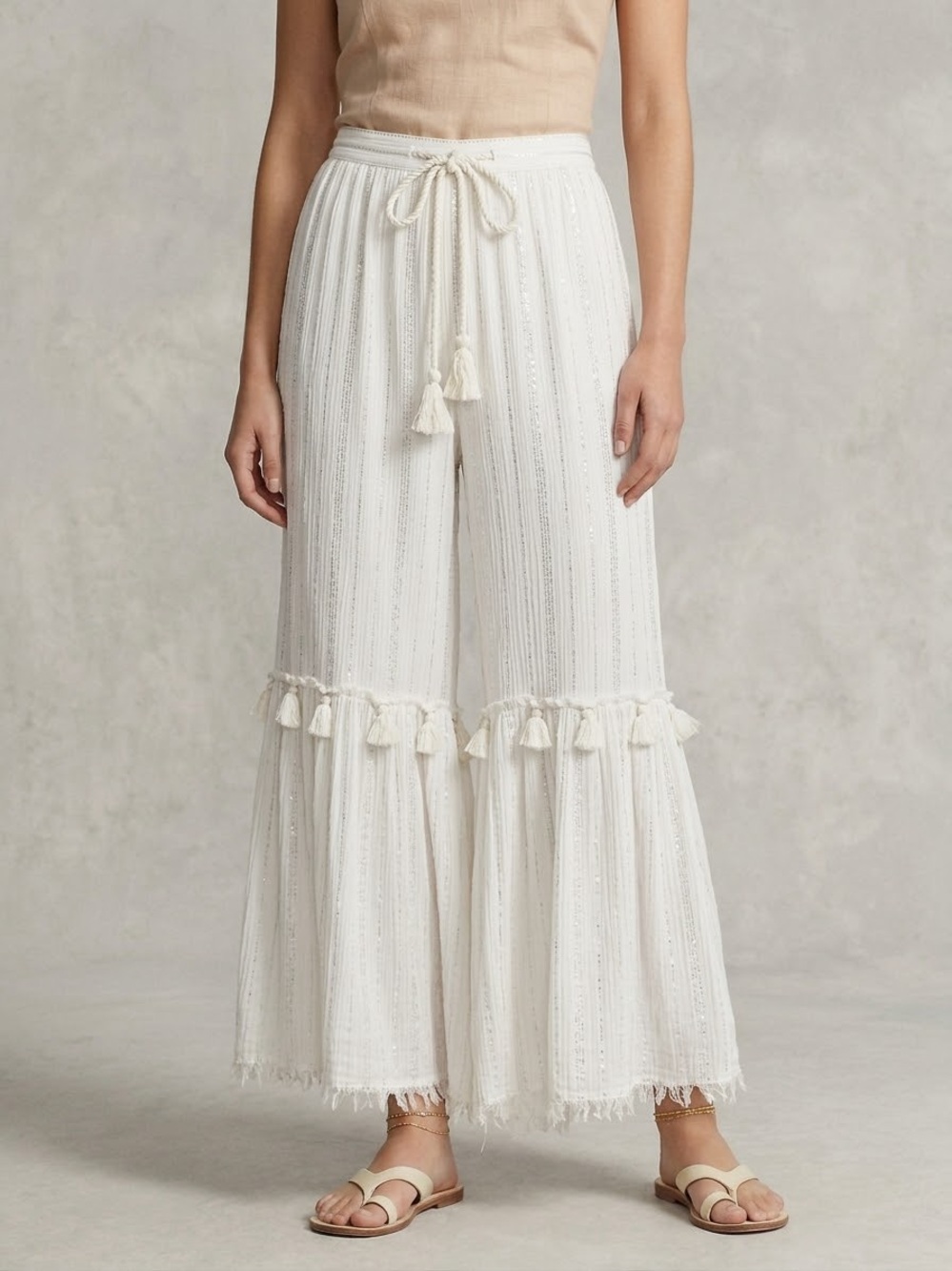 Cream Wide-Leg Tassel Detail Pants